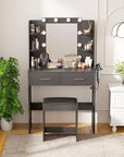 FDW Vanity Desk with Mirror and Lights, 2-Drawer Makeup Vanity Desk with 3 Adjustable Light Colors, 6 Shelves and Power Outlets for Bedroom, Black