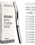 ZOMCHI Eyebrow Razor and Face Razor for Women and Men, Reusable Metal Handle with 11 Refill Blades, Dermaplane Razor with Protective Silicone Cap, Eyebrow Hair Trimmer - Polished Silver