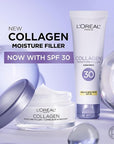 L'Oreal Paris Collagen Moisture Filler Face Cream with Broad Spectrum SPF 30, Anti-Aging Face Moisturizer and Daily Sunscreen For Face, Includes Face Serum Sample, Clear