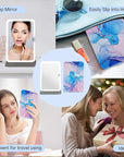 Rechargeable Travel Lighted Makeup Mirror with PU Leather Cover, Portable Travel Makeup Mirror with Lights, 3 Color Lighting,Touch Sensor Dimmable, Light Up Tabletop Folding Cosmetic Mirror Colorful
