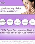 SPA SCIENCES - SIMA Patented Dermaplane Razor for Women Face – Painless 2-in-1 Facial Exfoliation & Peach Fuzz Hair Removal – Anti-Aging – 3 Speeds – Rechargeable – 21 Weeks Treatment