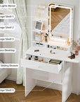 Haewon Small Vanity Desk with LED Mirror and Charging Station, Makeup Vanity Set with Storage Chair, White Compact Dressing Table with Fold-up Panel, Drawer and Shelves for Bedroom