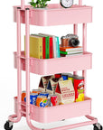 Pipishell 3 Tier Mesh Utility Cart, Rolling Metal Organization Cart with Handle and Lockable Wheels, Multifunctional Storage Shelves for Kitchen Living Room Office Pink