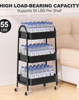 EAGMAK 3 Tier Rolling Cart, Large Metal Storage Cart with Handle and Lockable Wheels, Big Multifunctional Storage Organizer Trolley with Mesh Baskets for Kitchen, Living Room, Office, Garage (Black)