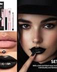 3PCS Black Lip Liner and Lipstick Set – Bold Matte Lipstick, Precision Liner & High-Shine Gloss for Gothic, Halloween, Cosplay & Editorial Looks – Long-Lasting, Smudge-Proof Lip Makeup Kit (Black)