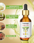 Rosemary hair oil, containing castor oil, batana oil, peppermint oil, promotes hair growth and prevents hair loss in men and women
