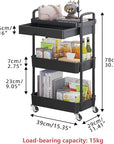 Calmootey 3-Tier Rolling Utility Cart with Drawer,Multifunctional Storage Organizer with Plastic Shelf & Metal Wheels,Storage Cart for Kitchen,Bathroom,Living Room,Office,Black