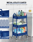 EAGMAK 3 Tier Utility Rolling Cart, Metal Storage Cart with Handle and Lockable Wheels, Multifunctional Storage Organizer Trolley with Mesh Baskets for Kitchen, Living Room, Office, Garage (Indigo)