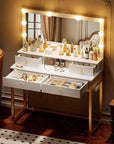 COMHOMA Makeup Vanity Desk with Mirror and Lights, Vanity Table and Chair Set with 4 Drawers and Charging Station, Bedroom Dresser Mirror& Adjustable 3 Color Modes, Storage Shelf, 32In White and Gold