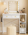 White Vanity Desk Without Mirror for Bedroom, Makeup Desk with 2 Fabric Drawers, Vanity Desk with Iron Hook, 36 Inches Vanity with Storage, White