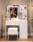 Makeup Vanity Desk with Lighted Mirror, Dressing Table Set with 4 Drawers, Power Outlet, Storage Stool, Storage Shelves, Vanity Mirror 3 Lighting Color Adjustable, Vanity Set for Bedroom, White