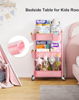 3 Tier Rolling Cart Metal with Wheels & Table Top, Pink Utility Cart with Cups and Hooks, Three Tiered Craft Cart Organizer on Wheels, Storage Carts for Salon, Lash, Hair, Nail, Makeup, Diaper, Book