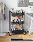 3 Tier Rolling Cart on Wheels, Metal Utility Storage Cart with Wheels, Three Tiered Craft Carts Organizer with Hanging Cups, Hooks, Mesh Basket for Bedside, Kitchen, Bathroom, Office, Art, Snack,Black