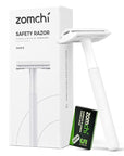 ZOMCHI Double Edge Safety Razor for Men & Women, Metal Razor with 5 Double Edge Safety Razor Blades, Single Blade Razor – White