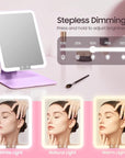 Benbilry Foldable Travel Makeup Mirror with Lights and 20X Magnification, Rechargeable Tabletop LED Vanity Mirror with Adjustable Stand, 3-Colored Dimmable Lighting, Portable Cosmetic Mirror, Purple