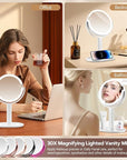 MIYADIVA Makeup Mirror with Lights, 30X Magnifying Mirror with 2-Sided Switch, Vanity Mirror with 3 Colors and Adjustable Brightness, 80 LEDs, Ideal Gift for Daily Makeup and Skincare, 8.8 Inches