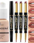 PHOERA Foundation Full Coverage,3Pcs Lip Liner and Lipstick Porcelain+Lip SetA)
