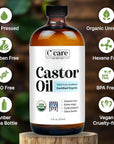 Castor Oil 100% Pure Organic Cold Pressed Unrefined Glass Bottle | USDA Certified Organic | Hexane Free Extra Virgin | For Hair Growth Eyebrows Eyelashes Skin and Castor Oil Pack Wrap | 16oz