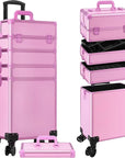 Profesional Rolling Makeup Train Case with Lid, 5 in 1 Cosmetology Case on Wheels, Large Cosmetic Trolley Organizer Travel for Hairstylist Artist Nail Beauty Salon Barber, Pink
