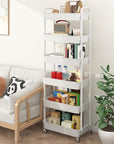 Sywhitta 6-Tier Plastic Rolling Utility Cart with Handle, Multi-Functional Storage Trolley for Office, Living Room, Kitchen, Movable Storage Organizer with Wheels, White