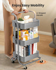 Pipishell 3 Tier Mesh Utility Cart, Rolling Metal Organization Cart with Handle and Lockable Wheels, Multifunctional Storage Shelves for Kitchen Living Room Office Grey