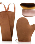 FUNAN Self Tanning Applicator Kit with Soft Mitt, Back Lotion Strap, and Ultra Soft Rose Gold Kabuki Brush, Brown, 3 Piece Set