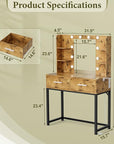 YESHOMY Vanity Desk with Mirror, Makeup Table with 2 Large Drawers, Power Outlet and Round Holder, 3 Color Modes Adjustable Bulb, Brown