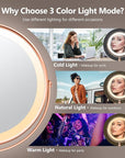 10X Large Lighted Makeup Mirror, Rechargeable 8" Height Adjustable Vanity Mirror, 1x/10x Magnifying Mirror with 3 Color, Brightness Adjustable, 360° Rotation Double Sided Mirror, Ideal Gift(Rose Gold)