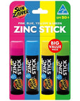 Sun Zapper Zinc Oxide Mineral Sunscreen Stick (Pink, Blue, Green, Yellow) SPF 50+ Water Resistant for Face & Body, Adults, Kids, 4-Pack Broad Spectrum Sun Block, Made in Australia
