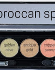 Moroccan Spice Shimmer White, Olive Green, Gold, Copper Penny Red, and Light Matte Orange Vegan Eyeshadow Palette; Talc, Paraben & Cruelty Free