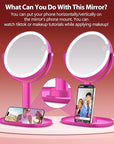 MIYADIVA Makeup Mirror with Lights, 20X Magnifying Mirror with Light and Touch Switch, 2-Sided Vanity Mirror with 3 Color and 80 LEDs, Hot Pink