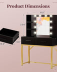 Furmax Vanity Desk with Mirror and LED Light Bulb, Small Makeup Vanity Table with Drawers, Dressing Table with Power Outlet and Hair Drayer Holder for Bedroom (Black & Gold)