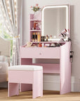 LIKIMIO Small Makeup Vanity Desk with Mirror and Lights, Vanity Table Set with Storage Drawer, Chair and Three Shelves, Bedroom, Pink