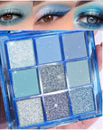 evpct 9 Colors Blue Glitter Eyeshadow Palette, Glitter Dark Light Royal Cobalt Baby Sky Navy Blue Metallic Shimmer Sparkly Eye Shadow Palette Makeup for Older Women Eyes, Highly Pigmented Eyeshadow