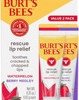 Burt's Bees Rescue Lip Relief, Watermelon & Berry Medley, Hydrating Lip Balm for Dry Cracked Lips, with Responsbily Sourced Beeswax and Shea Butter, 100% Natural Origin, 2 Pack, 0.35oz