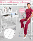 Beauty Trolley Cart with Wheels, Esthetician Cart with Handrail, Bucket and 2 Big Drawer, 2 Tier Heavy Duty Vacuum Therapy Machine Trolley, Load 330lbs, 360° Rotate Silent Wheels