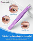 Expert Slant Tip Tweezers with Leather Case, GlamTweeler Sharp & Precision Stainless Steel Tweezer for Eyebrows, Facial Hair and Fine Hairs Removal (Violet)