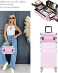 5 in 1 Professional Makeup Train Case Aluminum Cosmetic Case Rolling Makeup Case ExtraLarge Storage Organizer with Key Swivel Wheels Salon Barber Case for Make Up Nail Hairstylists, Pink
