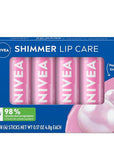 NIVEA Shimmer Lip Care, Shimmery Lip Balm Pack with Shea Butter, Nourishing Oils and Vitamin C & E, 3-in-1 Moisture, Repair and Shimmer, 0.17 Oz Stick, Pack of 4