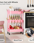 3 Tier Rolling Cart on Wheels, Metal Utility Storage Cart with Wheels, Three Tiered Craft Carts Organizer with Hanging Cups, Hooks, Mesh Basket for Bedside, Kitchen, Bathroom, Office, Art, Snack, Pink