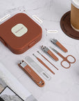Nail Clippers Set for Men and Women 7 Pieces Stainless Steel Grooming Kits, Fingernail and Toenail Clipper Cutters with Luxurious Travel Case Nail Care Tools Manicure Pedicure Kit, Brown