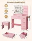 Makeup Vanity Desk Set, 35.4" Wx15.7”Dx53.9“H, Pink (Smart LED Mirror, with Cushion Stool, Hairdryer Rack, Power-Outlet, 4 Drawers, Open Shelves)