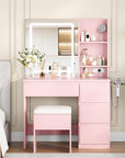 Garvee Makeup Vanity Desk with Lighted Mirror, Dressing Table Set with 4 Drawers, Power Outlet, Storage Stool, Storage Shelves, Vanity Mirror 3 Lighting Color Adjustable, Vanity Set for Bedroom, Pink