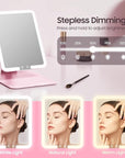Benbilry Foldable Travel Makeup Mirror with Lights and 20X Magnification, Rechargeable Tabletop LED Vanity Mirror with Adjustable Stand, 3-Colored Dimmable Lighting, Portable Cosmetic Mirror, Pink