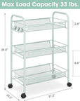 TOOLF 3-Tier Metal Rolling Cart, Mesh Wire Easy Assemble Utility Cart, Storage Trolley on Wheels with 3 Hooks, MetalStorage Shelving Units for Kitchen Bathroom Laundry Room