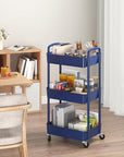 Sywhitta 3-Tier Plastic Rolling Utility Cart with Handle, Multi-Functional Storage Trolley for Office, Living Room, Kitchen, Movable Storage Organizer with Wheels, Blue