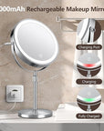 10x Large Lighted Makeup Mirror, Rechargeable 8" Height Adjustable Vanity Mirror, 1x/10x Magnifying Mirror with 3 Color, Brightness Adjustable, 360° Rotation Double Sided Mirror, Gift for Her(Nickel)