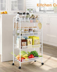 TOOLF 4-Tier Rolling Cart, Metal Utility Cart with 3 Hooks, Easy Assemble Mobile Storage Trolley On Wheels, Metal Shelving Units Kitchen Bathroom Laundry Room