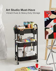 3 Tier Metal Rolling Cart with Wheels and Wooden Table Top, Three Tiered Craft Cart Organizer on Wheels, Black Storage Utility Carts for Art, Diaper Caddy, Baby Nursery, Office, Laundry, Snack, Book