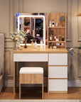 Makeup Vanity Desk with Lighted Mirror, Dressing Table Set with 4 Drawers, Power Outlet, Storage Stool, Storage Shelves, Vanity Mirror 3 Lighting Color Adjustable, Vanity Set for Bedroom, Natural
